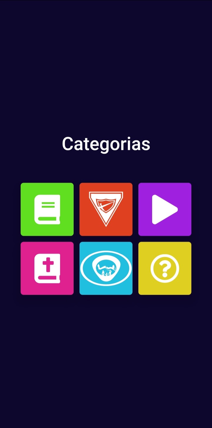 Tela do aplicativo com as seis categorias do quiz